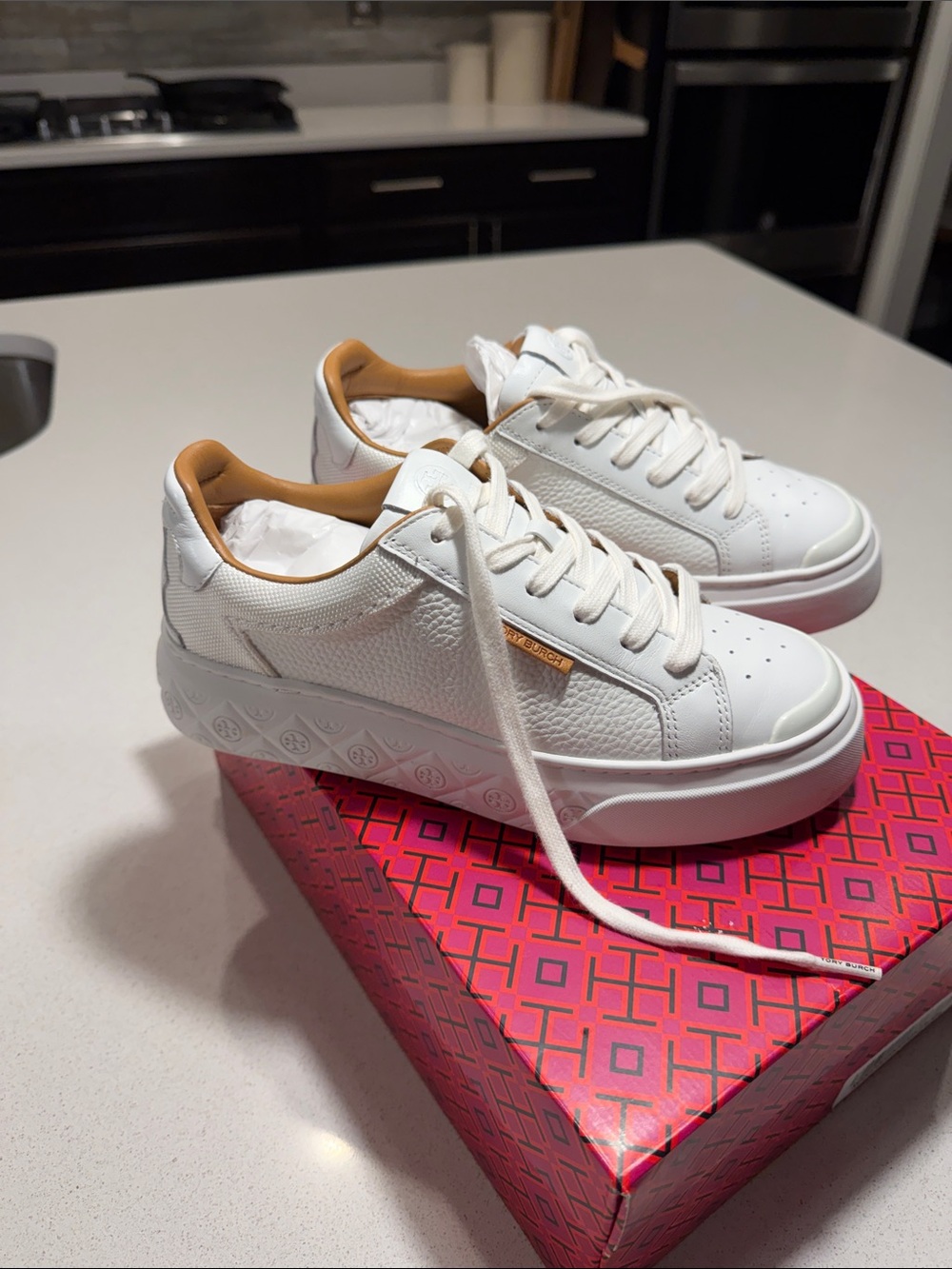 Tory Burch White Leather Platform Sneakers with Tan Collar